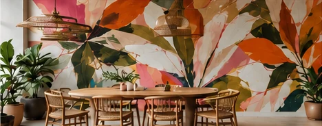 Concept visualization of a botanical mural in a dining room