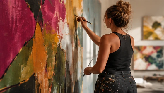 Illustrative concept of an artist painting a large abstract work